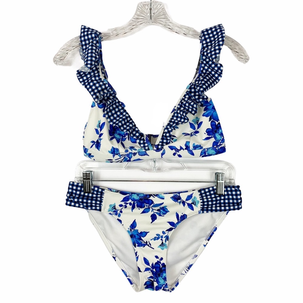 Lands' End Floral With Plaid Ruffles Bikini size S